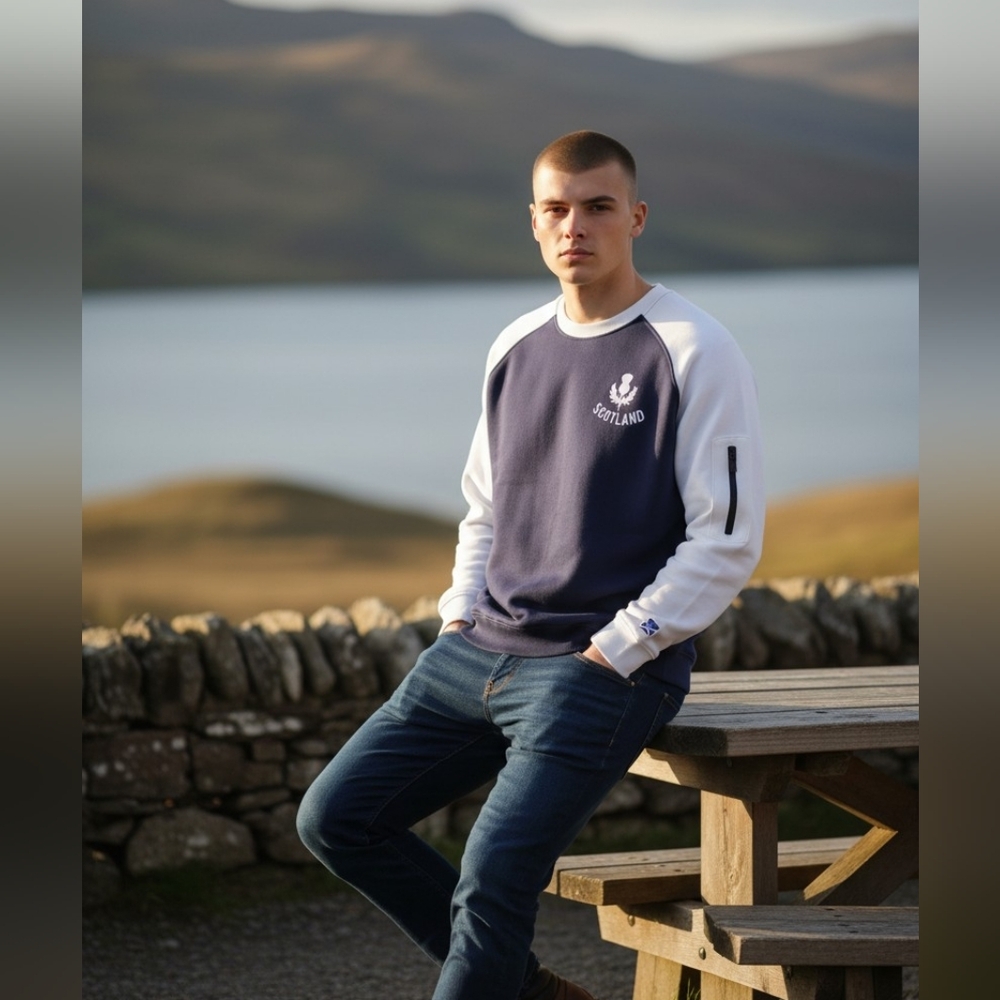 Scotland Cotton Blended Men's Navy and Cream Crewneck Sweatshirt
